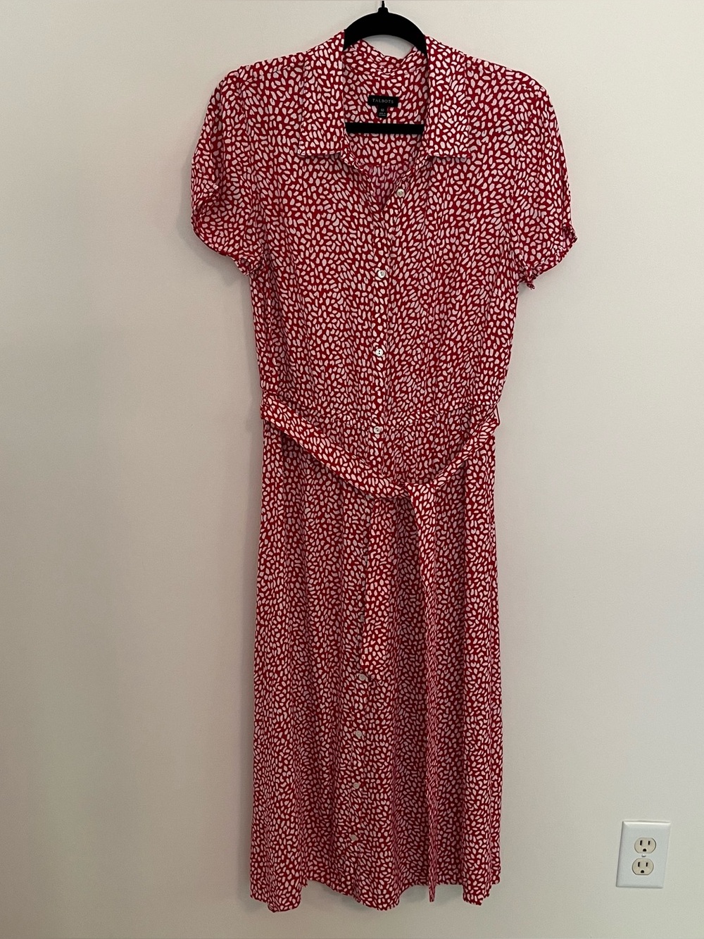 Talbots red + white pebble midi shirt dress with removable belt short sleeve 10